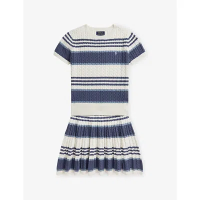 Polo Ralph Lauren Kids' Deckwash White Multi Girls' Striped Cable-knit Cotton Jumper And Skirt Set