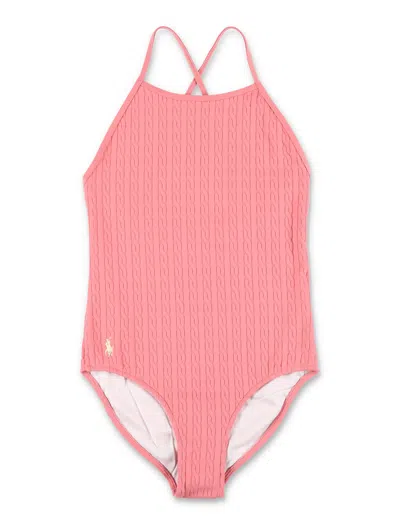 Polo Ralph Lauren Delicate Mini-cable Jacquard One-piece Swimsuit For Girls In Desrt Rose