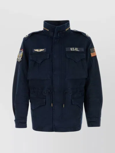 Polo Ralph Lauren Denim Jacket With Epaulettes And Embroidered Patches In Black