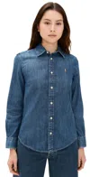 Polo Ralph Lauren Blue Shirt With Classic Collar And Pony Embroidery On The Front In Denim Woman In Blue