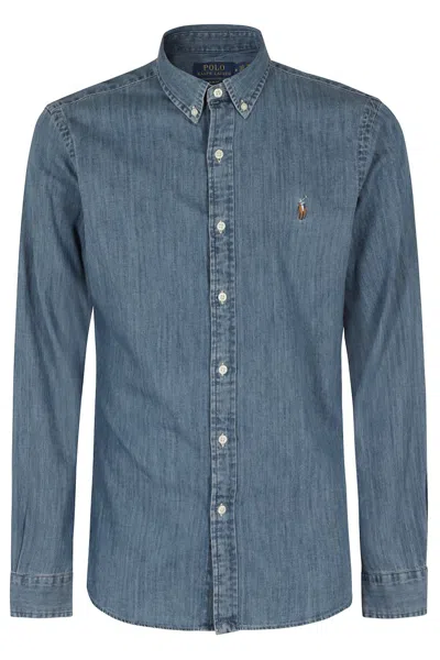 Polo Ralph Lauren Lightweight Denim Button-down Shirt With Embroidered In Blue
