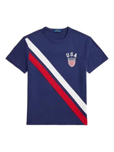 Polo Ralph Lauren Diagonal-stripe Usa-emblem T-shirt In Blue
