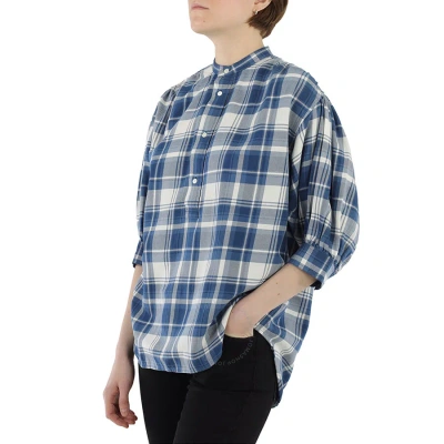 Polo Ralph Lauren Dian Plaid Check Print Puff Sleeves Shirt In Blue/white