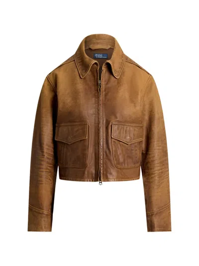 Polo Ralph Lauren Distressed Cropped Leather Jacket In Brown