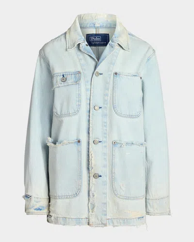 Polo Ralph Lauren Distressed Denim Worker Jacket Pockets In Blue