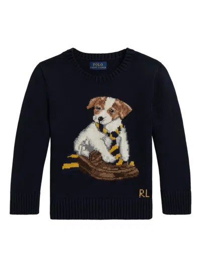 Polo Ralph Lauren Kids' Dog Motif Knit Sweater In Blue