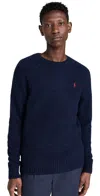 Polo Ralph Lauren Blue Cable Knit Crewneck Sweater With Pony Embroidery On The Front In Wool And Cashmere Man In Ancient Navy Donegal