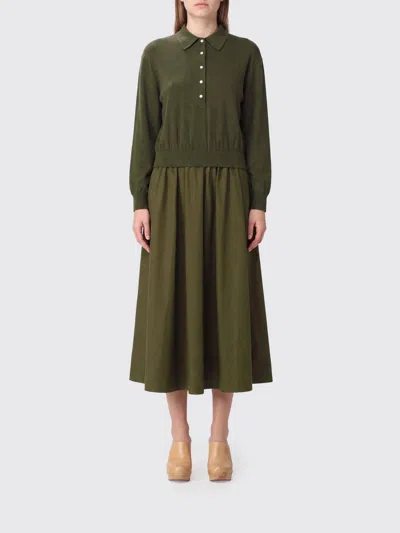 Polo Ralph Lauren Double-layer Wool And Cotton Blend Flared Midi Dress In Green