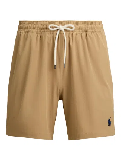 Polo Ralph Lauren Drawstring Embroidered Swim Shorts In Brown