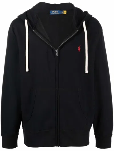 Polo Ralph Lauren Drawstring Hood Full-zip Sweatshirt With Kangaroo Pocket In Black