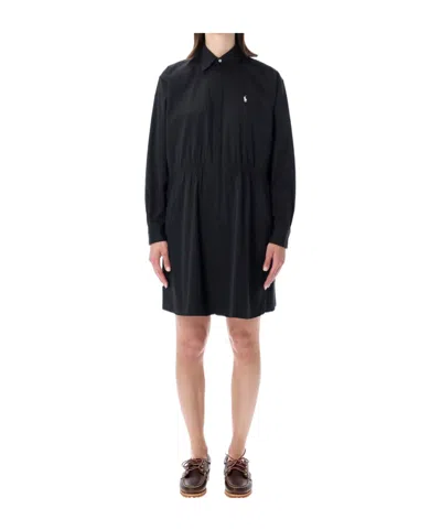 Polo Ralph Lauren Popeline Shirt Dress Mini Elastic Waist Long Sleeves In Black