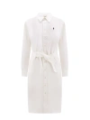 Polo Ralph Lauren Linen Shirt Dress With Long Sleeves And Waist Tie In Bianco