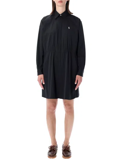 Polo Ralph Lauren Cotton Shirt Dress With Drawstring Waist In Black