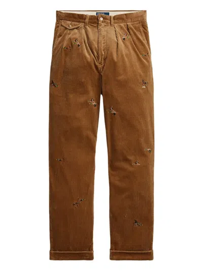 Polo Ralph Lauren Duck-embroidered Corduroy Trousers In Brown