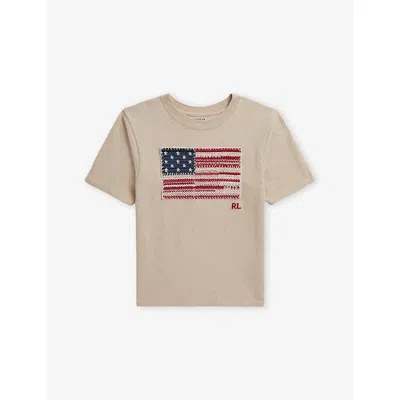 Polo Ralph Lauren Kids' Dune Tan Boys' American-flag Short-sleeved Cotton-jersey T-shirt In Neutral