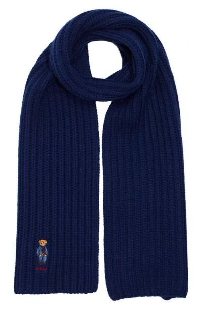 Polo Ralph Lauren Embroidered Bear Wool Blend Scarf In Blue
