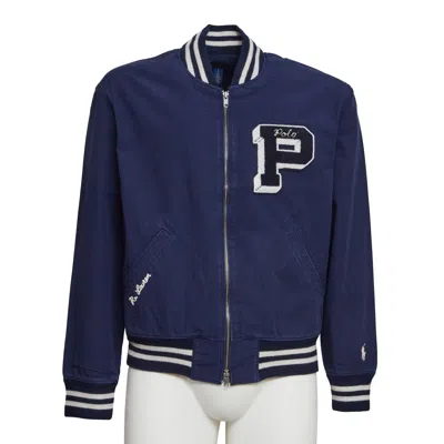 Polo Ralph Lauren Embroidered Bomber Jacket With Ribbed Striped Collar In Blue