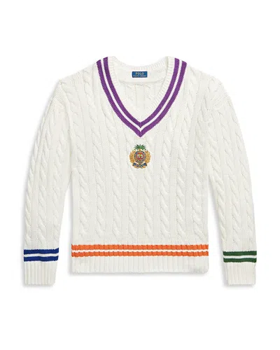 Polo Ralph Lauren Mens Cream Combo Crest-embroidered Cable-knit Cotton And Linen Jumper Xl In White