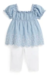 Polo Ralph Lauren Ralph Lauren Embroidered Cotton Chambray Top & Leggings Set In New Medium Wash