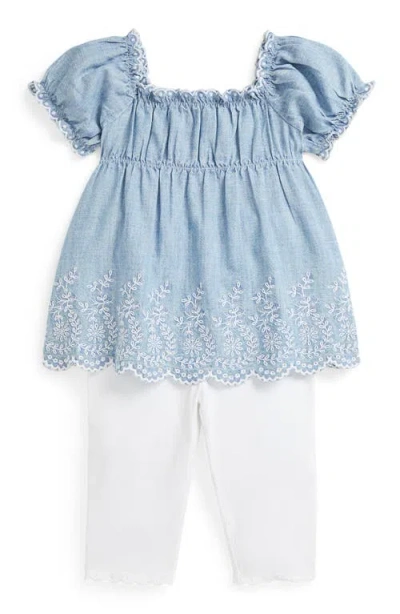 POLO RALPH LAUREN RALPH LAUREN EMBROIDERED COTTON CHAMBRAY TOP & LEGGINGS SET