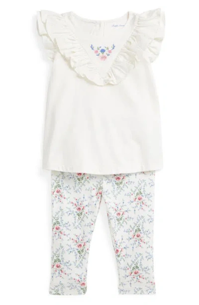 POLO RALPH LAUREN RALPH LAUREN EMBROIDERED COTTON RUFFLE TOP & FLORAL LEGGINGS SET