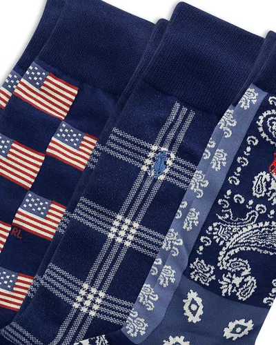 Polo Ralph Lauren Embroidered Crew Socks, Pack Of 3 In Blue