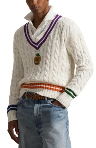 Polo Ralph Lauren Mens Cream Combo Crest-embroidered Cable-knit Cotton And Linen Jumper Xl In White