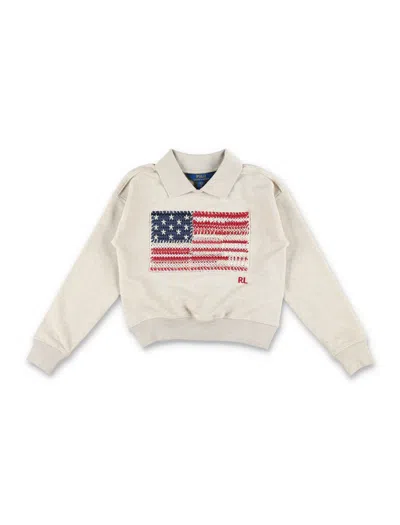 Polo Ralph Lauren Embroidered Flag Polo Collar Mini Sweatshirt For Girls In White