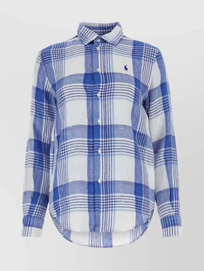 Polo Ralph Lauren Embroidered Linen Shirt With Cuffed Sleeves In Whitebluemulti