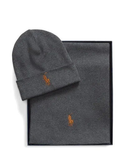 Polo Ralph Lauren Embroidered-logo Beanie Scarf Set In Grey