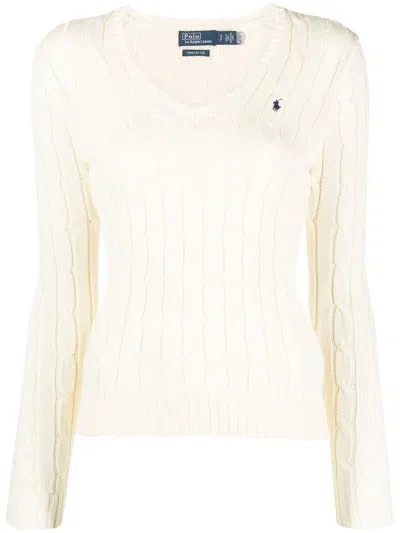 Polo Ralph Lauren Embroidered-logo Cable-knit Jumper In Neutrals