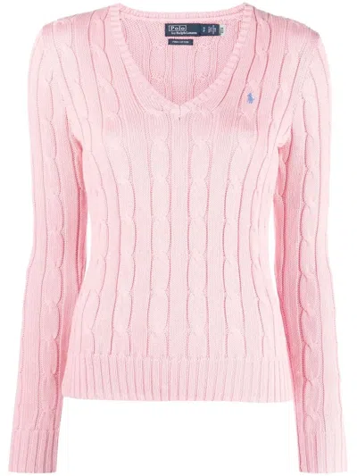 Polo Ralph Lauren Embroidered-logo Cable-knit Jumper In Pink