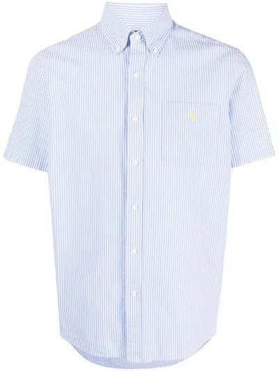 Polo Ralph Lauren Short Sleeve Stripe Seersucker Shirt Custom Fit In Blue