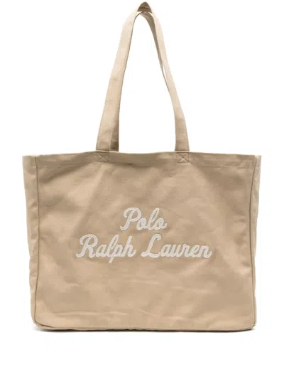 Polo Ralph Lauren Embroidered-logo Canvas Tote Bag In ニュートラル