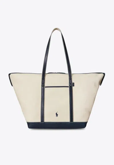 Polo Ralph Lauren Embroidered Logo Canvas Tote Bag In Sand