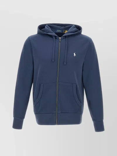 Polo Ralph Lauren Embroidered Logo Hooded Cotton Sweatshirt In Blue