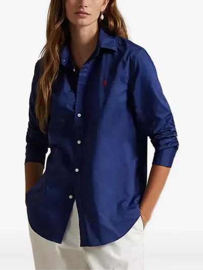 Polo Ralph Lauren Embroidered-logo Long-sleeve Shirt In Blue