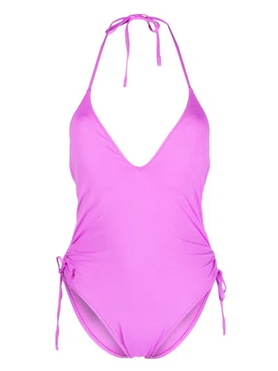 Polo Ralph Lauren Embroidered-logo Ruched-detail Swimsuit In Purple