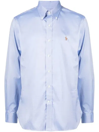 Polo Ralph Lauren Slim Fit Oxford Light Blue Shirt With Button-down Collar And Front Embroidery In Cotton Man