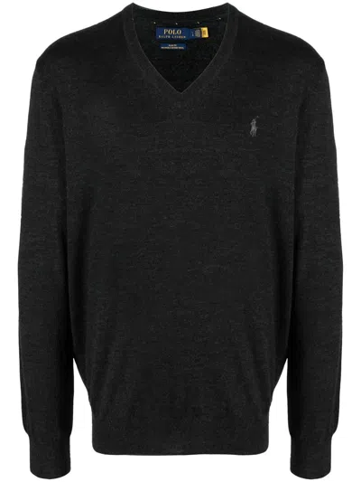 Polo Ralph Lauren Embroidered-logo V-neck Sweater In Grey