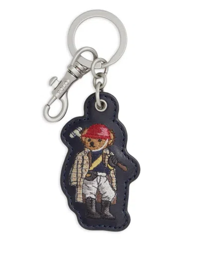 Polo Ralph Lauren Embroidered-polo Bear Leather Key Fob In Black