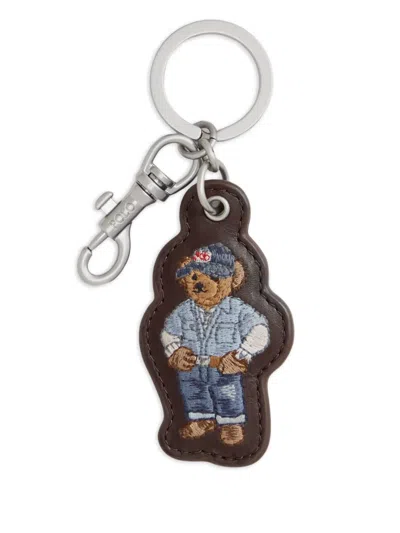 Polo Ralph Lauren Embroidered-polo Bear Leather Key Fob In Brown