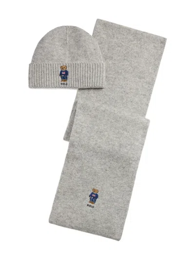 Polo Ralph Lauren Embroidered Scarf And Beanie Set In Gray