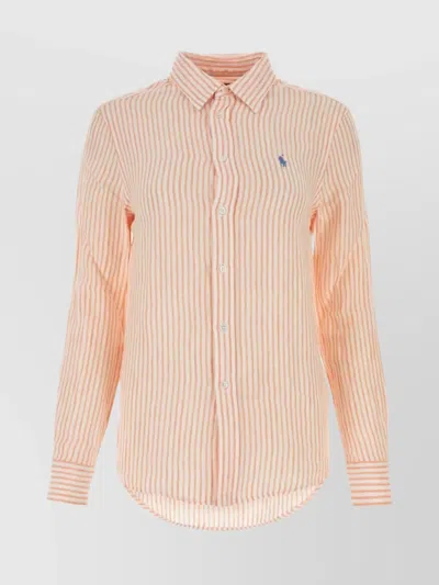 Polo Ralph Lauren Embroidered Stripes Linen Shirt In Pink