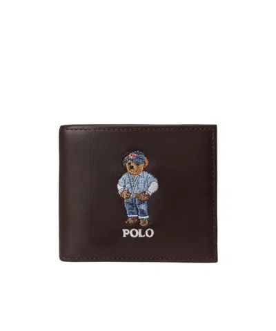 Polo Ralph Lauren Embroidered-bear Leather Billfold Wallet In Brown