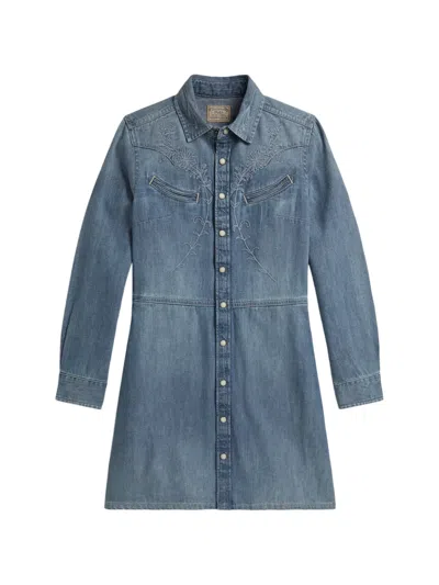Polo Ralph Lauren Kids' Embroidered-details Long-sleeve Denim Dress In Blue