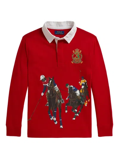Polo Ralph Lauren Kids' Equestrian-print Logo-embroidered Polo Shirt In Red
