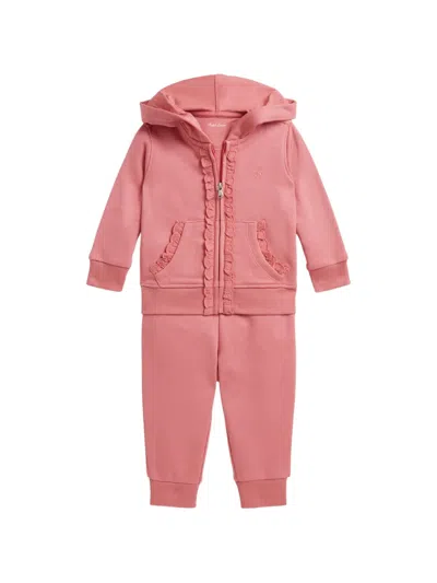 Polo Ralph Lauren Babies' Eyelet-embroidered Trim-detail Hoodie Tracksuit Set In Pink
