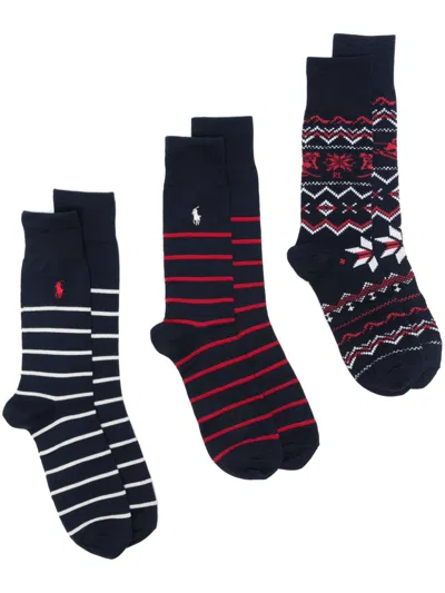 Polo Ralph Lauren Fair Isle And Striped Socks (pack Of Three) In Blue