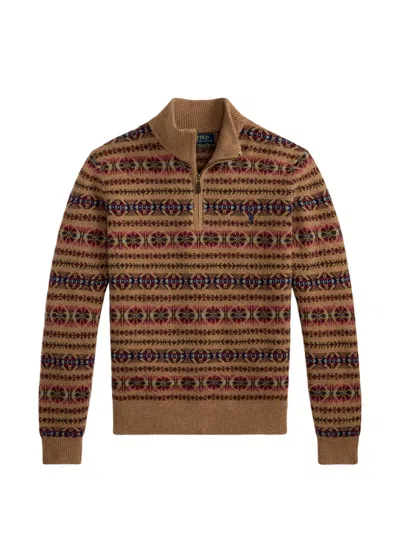 Polo Ralph Lauren Fair Isle Wool Stand Collar Zip Sweater In Brown